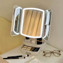 台式镜子化妆镜带灯led收纳盒二合一体式折叠贝壳镜可调节美妆镜