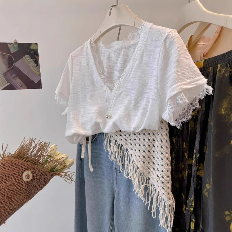 2025 summer new giant slim V-neck lace cool cool sense slub cotton short sleeve all-match T-shirt female tee