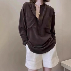 早秋宽松慵懒风高级感气质深咖色上衣女法式简约通勤长袖百搭衬衫