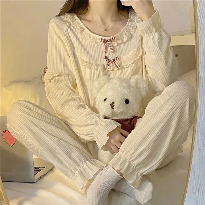 Leche fufu pijamas de manga larga ins estilo primavera y otoño estilo coreano estilo de corte dulce Otoño e Invierno ropa para el hogar pequeño libro rojo mismo estilo