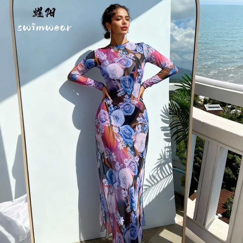 游泳衣女速卖通跨境欧美外贸印花流苏一字领裹胸连衣裙泳衣女