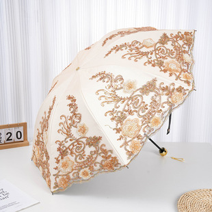 Embroidered Princess Umbrella Black Glue Sunshade Umbrella Embroidered Lace Sun Umbrella Three-Folding Sunny Umbrella Women's Sun Protection UV Protection