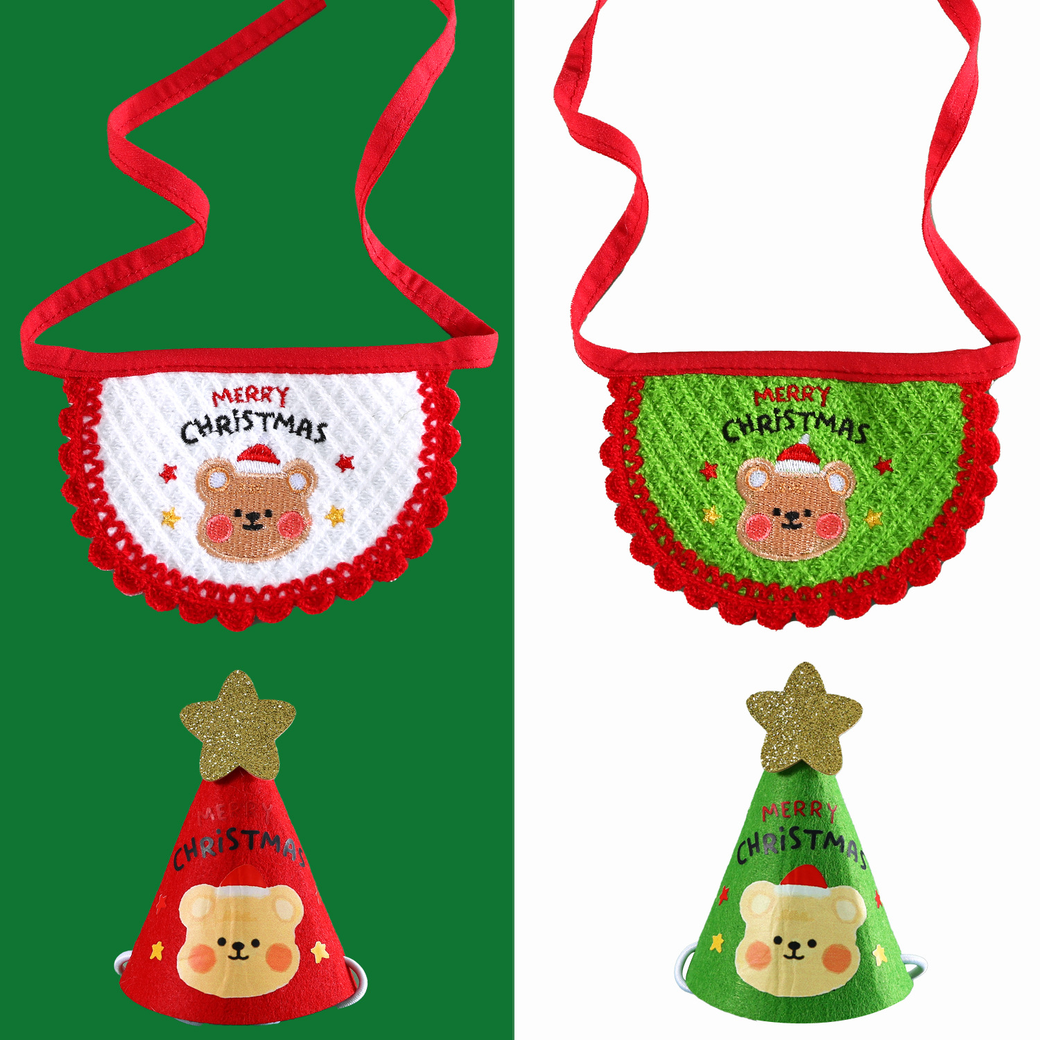 Bordado Feliz Navidad oso traje de mascota fieltro estrella de cinco puntas de dibujos animados tridimensional sombrero babero bufanda gato perro conejo
