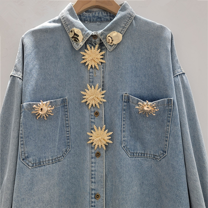 Botón de metal flor de moda camisa vaquerina 2026 primavera nueva camisa vaquerina de manga larga retro