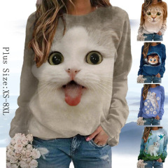 2021春秋アマゾン速売通ebay欧米クロスボーダー専用カード通猫プリントカジュアルo襟長袖tシャツ