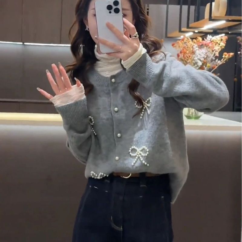 新品亚马逊欧美法式蝴蝶结长袖针织衫女春秋毛衣开衫外套宽松上衣|undefined