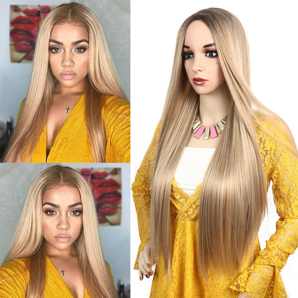 跨境新款假发女 Synthetic wig混色金棕色中分长直发化纤头套现货
