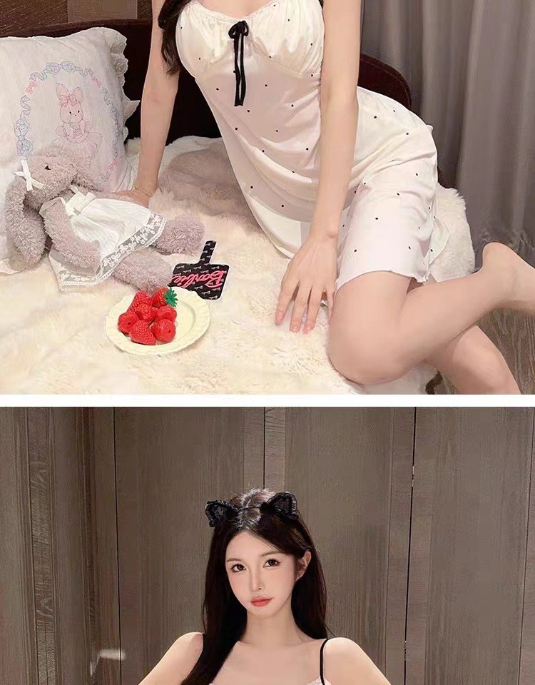 Cherry Print Floral Suspender Nightgown with Chest Pads, Thin Summer Sleep Dress — detail image 13