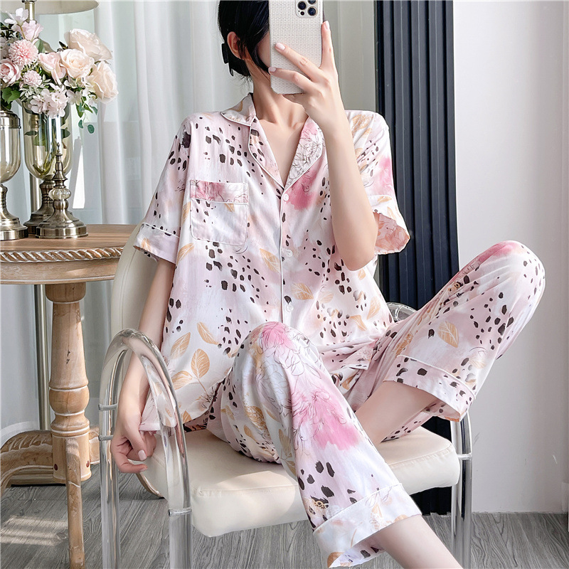 韩版甜美少女短袖睡衣女春夏季棉绸衬衫领可外穿家居服公主风套装