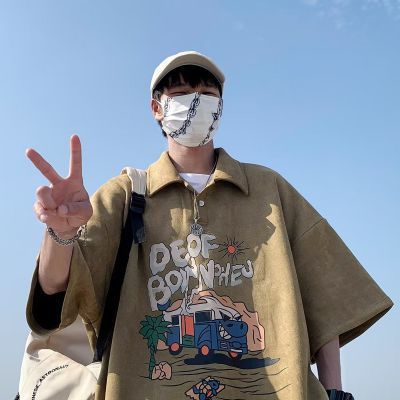 Men's American Streetwear Short Sleeve Polo Shirt Summer Fashion Heavyweight Retro Collar T-Shirt for Boys