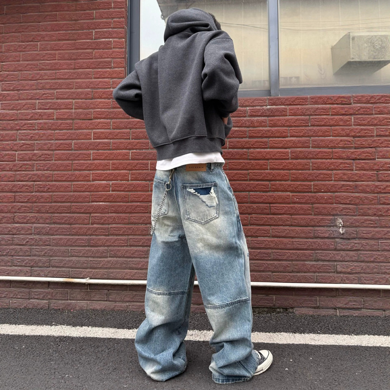 American-Style Vintage Distressed Ripped Double-Knee Lumberjack Straight-Leg Jeans for Men and Women, Streetwear Retro Pants Trendy