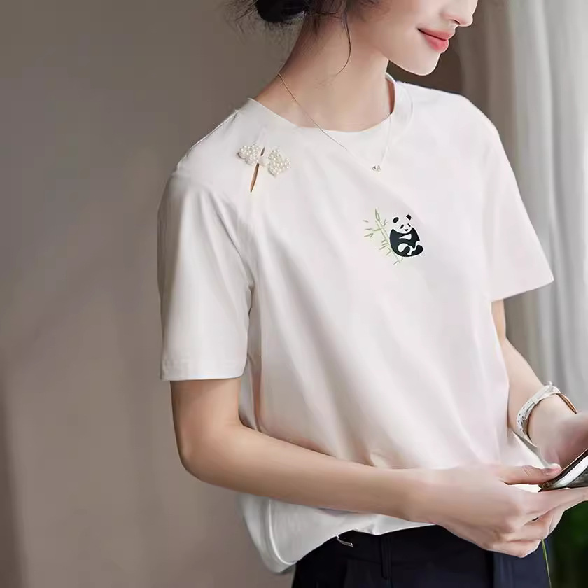 新中式国风盘扣短袖T恤女夏季熊猫印花优雅气质简约白色半袖上衣