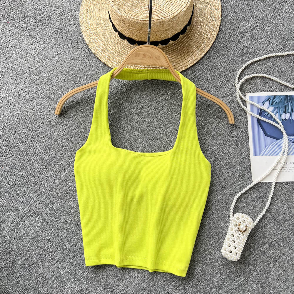 84g Weight Cotton, Rib Fabrics Fabric Type Short Top Length Vest Tops Type Holiday, Banquet, Daily Occasion Halter Neck Neckline Slim Fit Type Solid Color Pattern Summer Season Women's Gender Elegant, Streetwear Style Wholesale Women's Elegant Streetwear Solid Color Tank Tops 9