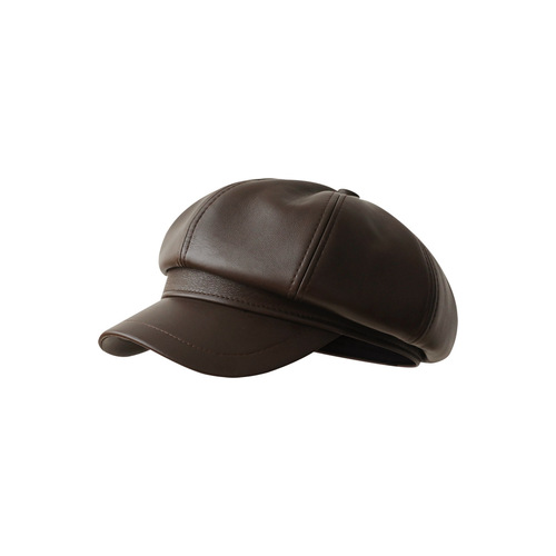 Delicate PU leather octagonal hat for girls, large hat with a small face, small newsboy hat, retro British style painter hat for men