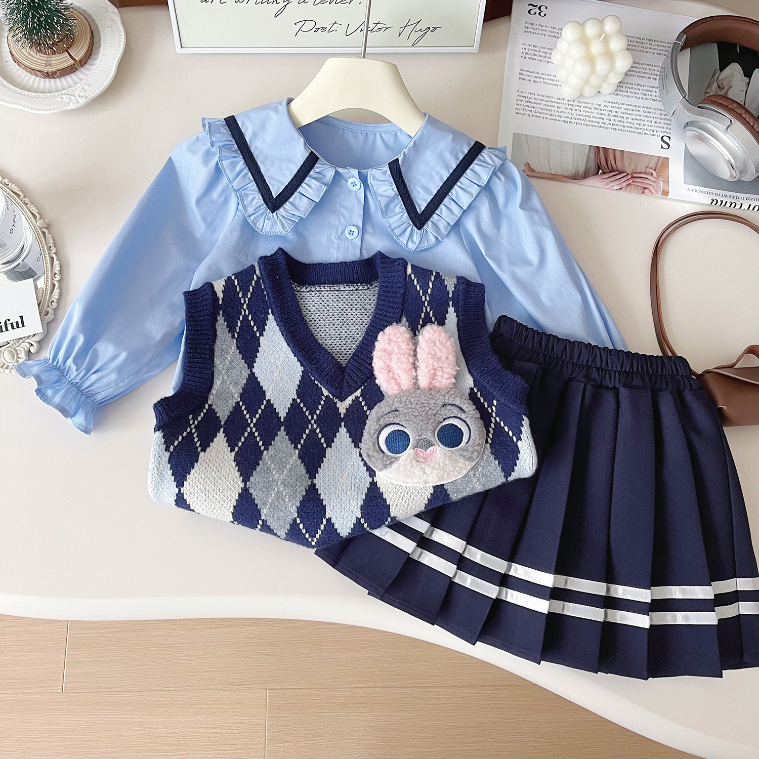 Mädchen Hasen Polizistin Jk Uniform Strickweste Rock Set_voghion.com