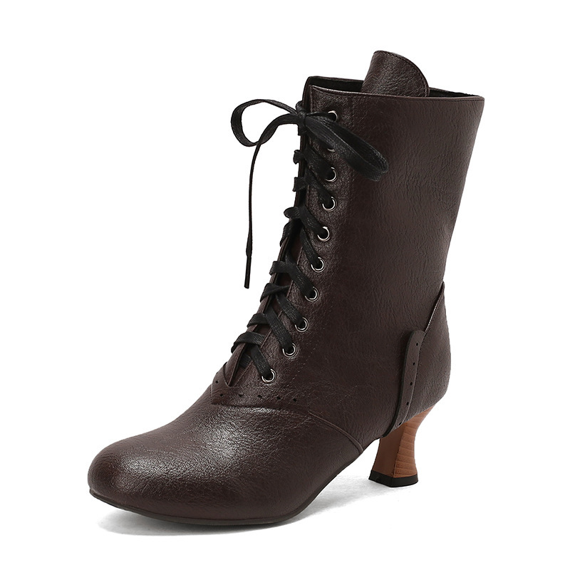 Boots Round Toe Lace-Up High-Heeled Mid-Calf Women's Boots Autumn and Winter Large Size Boots Cross-Border Supply 7744