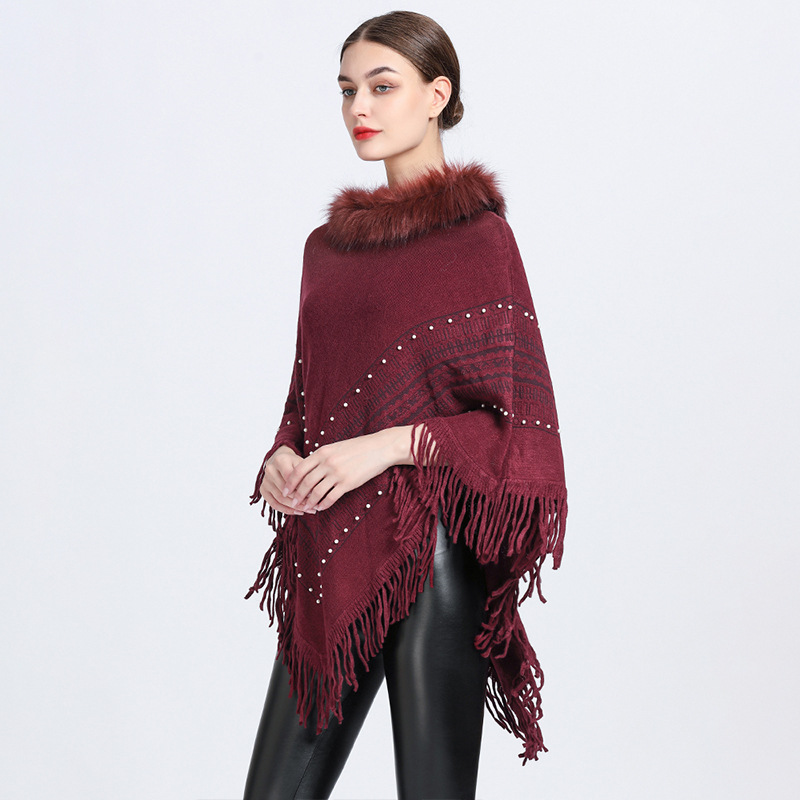 Pull en tricot à franges pour femme, châle, cape, col en fourrure_voghion.com