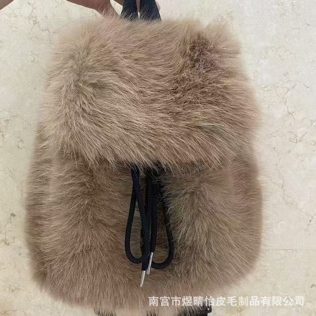 批发毛绒双肩包女秋冬新款抽带撞色背包毛毛学生背包仿狐狸毛|undefined