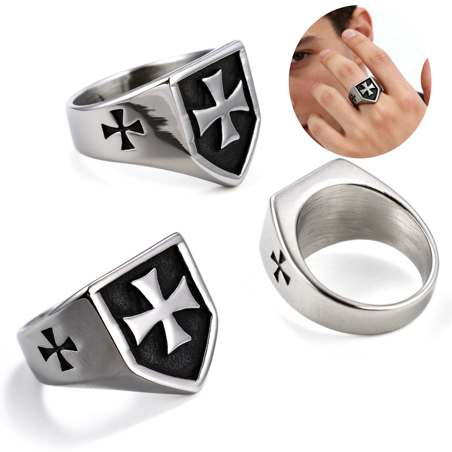 New European and American Style Retro Distressed Stainless Steel Cross Shield Ring, Personalized Trendy Men's Ring