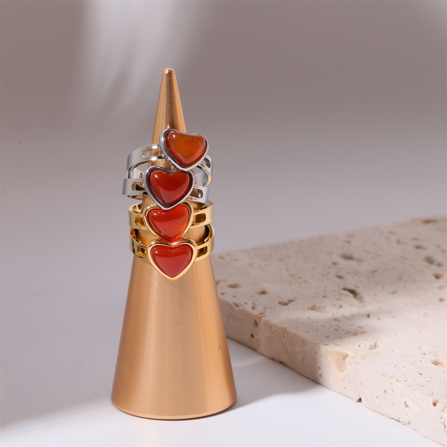 Heart Shape Pattern Women's Gender 304 Stainless Steel Agate Titanium Steel Retro Inlay Heart Shape Agate Rings