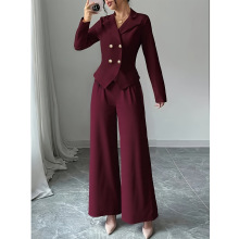 2025秋季欧美外贸跨境新款时尚马甲长袖纽扣上衣阔腿裤女士套装