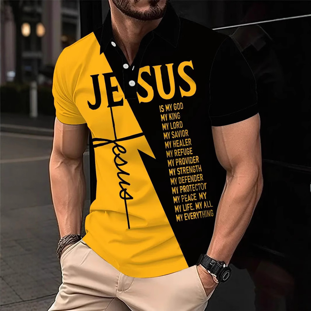 Hombre europeo y americano casual transfronterizo delgado hombre letras a juego de colores impresión digital solapa de manga corta poloMB13