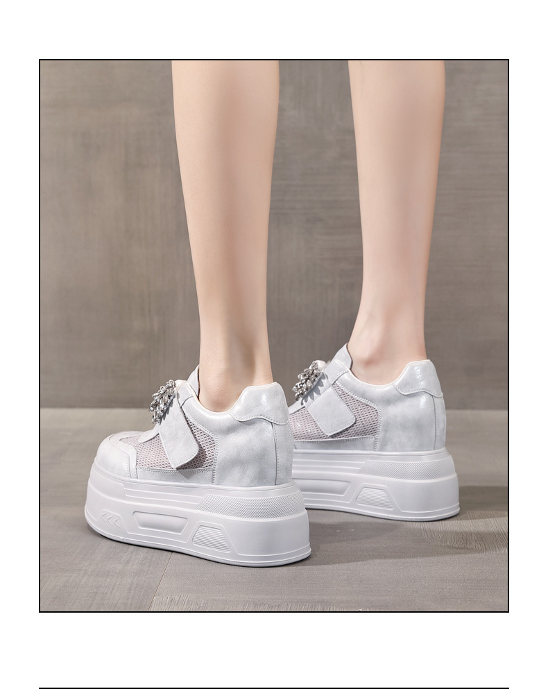 Giày sneaker nữ đế dày tăng chiều cao, mặt lưới thoáng khí, đính đá rhinestone — màu trắng chi tiết 16