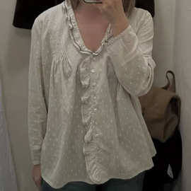 现货 2025冬季新款韩版vi*plain温柔V领波点荷叶边长袖衬衫上衣