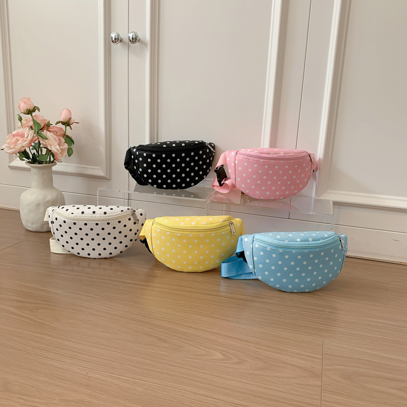 New macaron-colored polka dot children's crossbody bag, cute canvas waist bag for girls, baby travel accessory, small shoulder bag