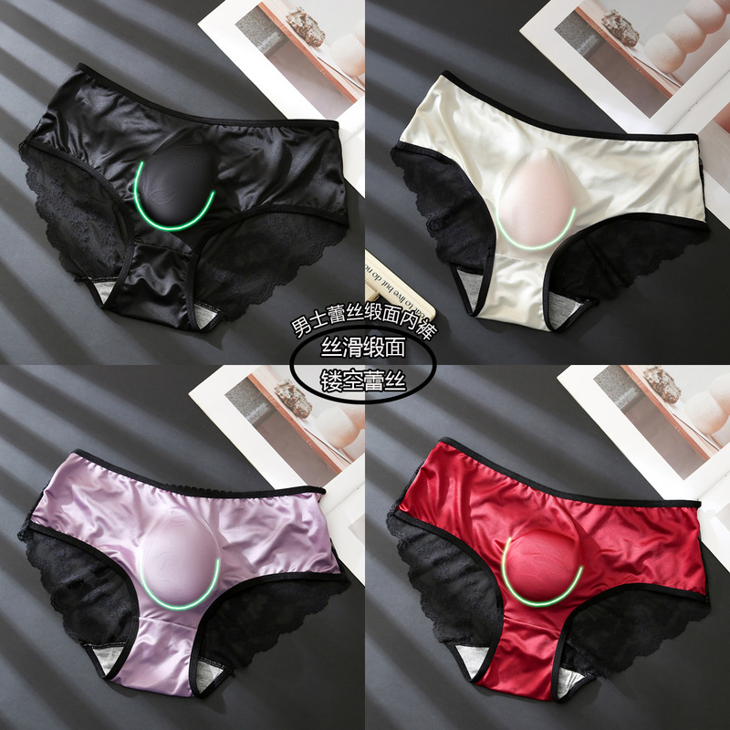 Men's lace and satin patchwork briefs, featuring a sheer, hollowed-out design with straps, a sexy U-shaped pouch, and breathable, comfortable triangular cut Men's lace and satin patchwork briefs, featuring a sheer, hollowed-out design with straps, a sexy U-shaped pouch, and breathable, comfortable triangular cut