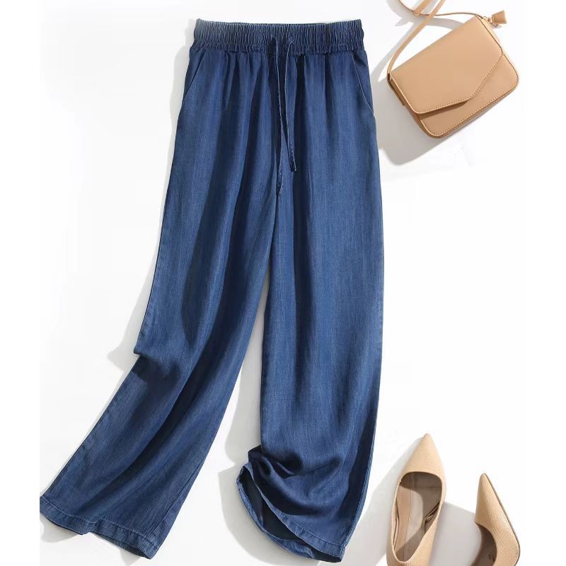 Real shot summer thin drape elastic high waist Tencel Denim wide leg pants women's cropped loose ice silk straight pants plus size