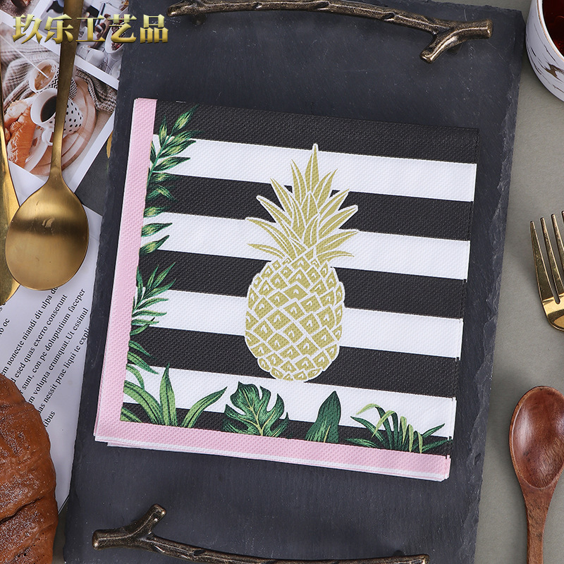 Factory spot new black and white striped pineapple printed napkin tissue paper handkerchief paper party pure wood pulp paper towel