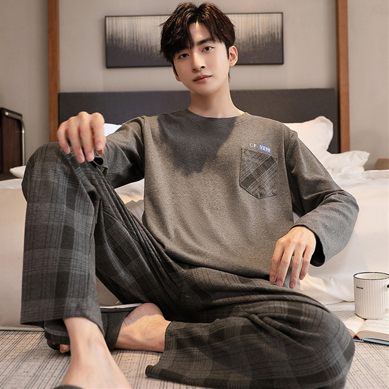 Men's Pajamas Spring and Autum Pure Cotton Long-Sleeved Cartoon Thin Large Size Teenage Student Men's Wearable Home Clothes