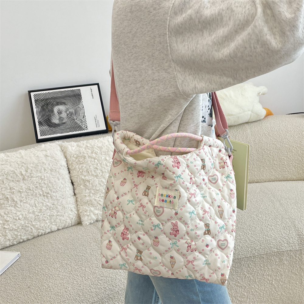 Mala de ombro acolchoada para mulher estilo coreano tote cartoon_voghion.com