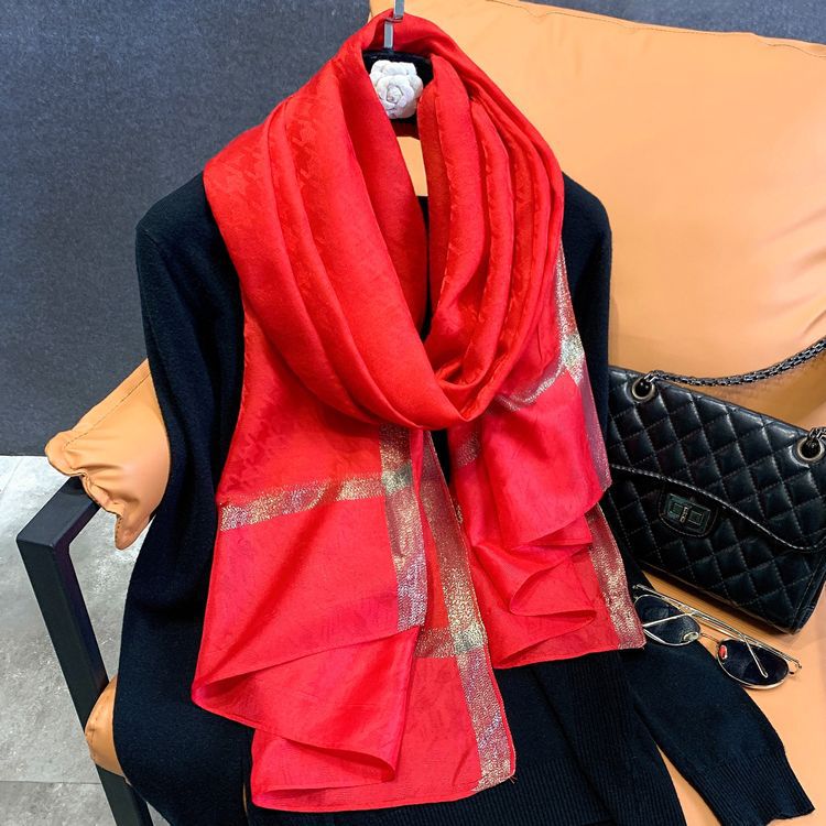 千鸟格围巾丝巾女长款真丝桑蚕丝纱巾春秋季百搭时尚提花礼品披肩