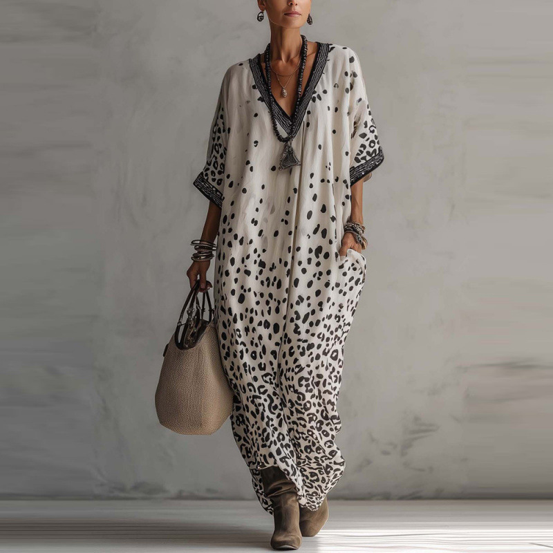 2026 Spring European and American Cross-Border Foreign Trade New Digital Print V-Neck Half-Sleeve Long Dress with Patch Pockets 2026 Spring European and American Cross-Border Foreign Trade New Digital Print V-Neck Half-Sleeve Long Dress with Patch Pockets
