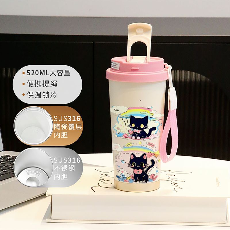 新款童趣咖啡杯316不锈钢保温杯卡通带吸管杯子双饮高颜值喝水杯|undefined