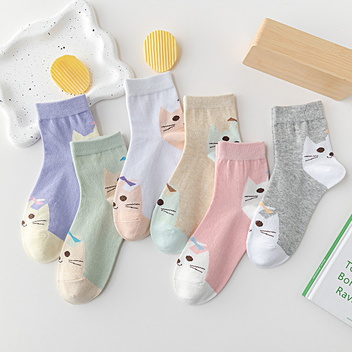 2026 new spring and summer women's Korean style cotton tube socks, kitten face, cute ins, trendy sports boat socks