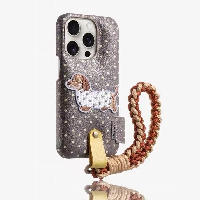 Bordado de dibujos animados cachorro color sólido lunares para 16ProMax bolsa de batería 15 funda para teléfono 13 Apple 14 pareja 15PM