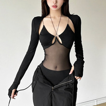 欧美风2024秋季新款女装长袖修身外搭现代时尚黑色透视连体衣套装