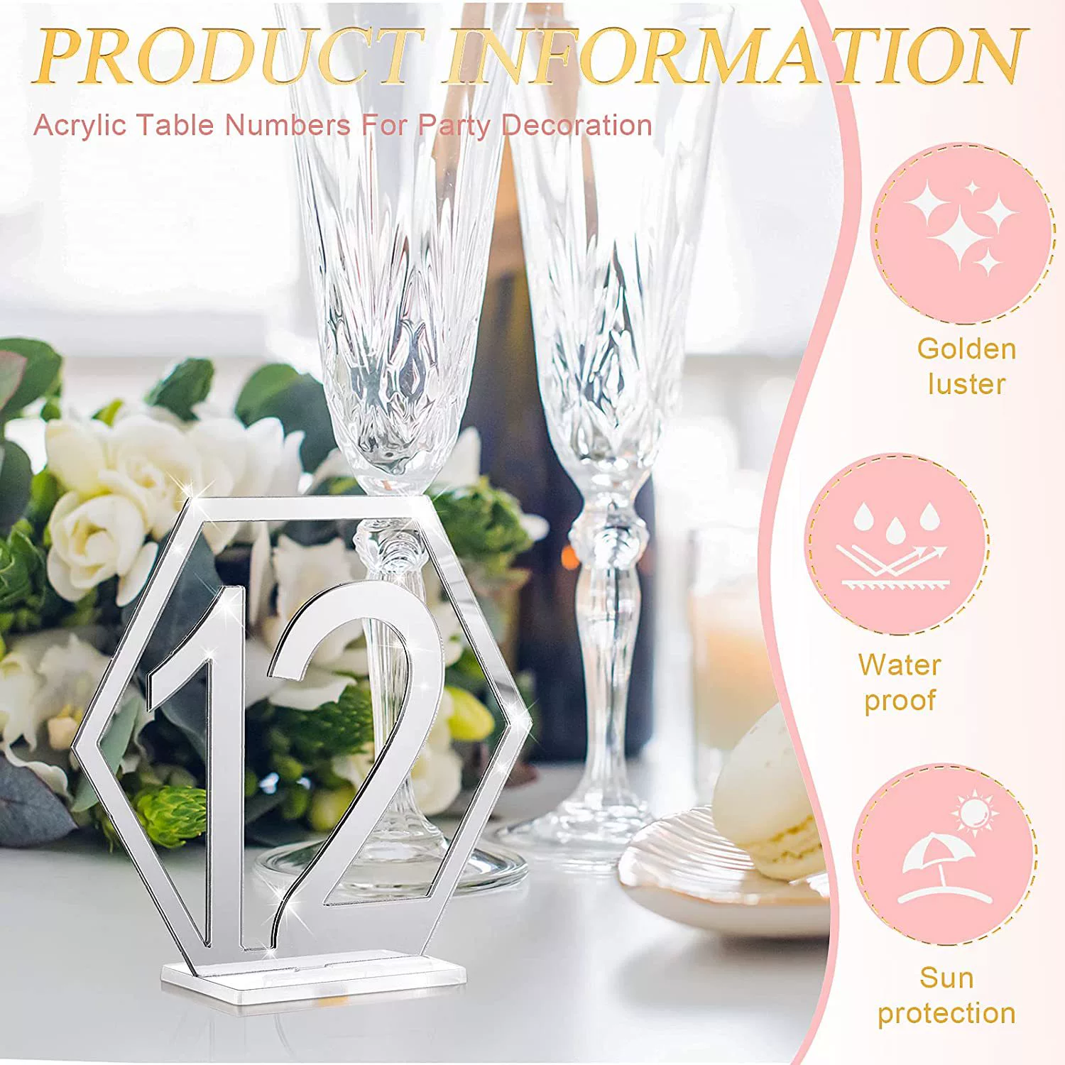 Acrylic mirrored wedding place card hexagonal hollow number 1-40 seat card for cafe wedding reception
