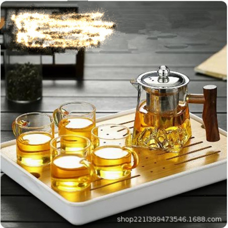 Mountain viewing square kettle with wooden handle 350ML+4 cups+tray