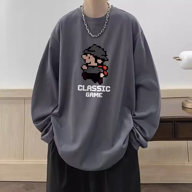 Spring and Autumn American Style Retro Round Neck Long-sleeved T-shirt Male Student Trendy Top Junior Casual Loose Sweater Base Shirt