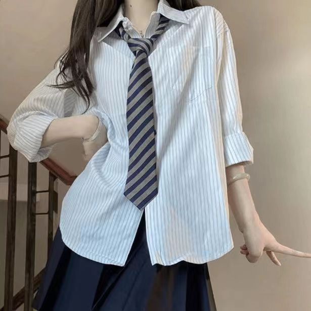 셔츠 탑 스트라이프 긴팔 루즈 슬림 셔츠 다목적 유니폼 정장 셔츠 대학 스타일 루즈 탑