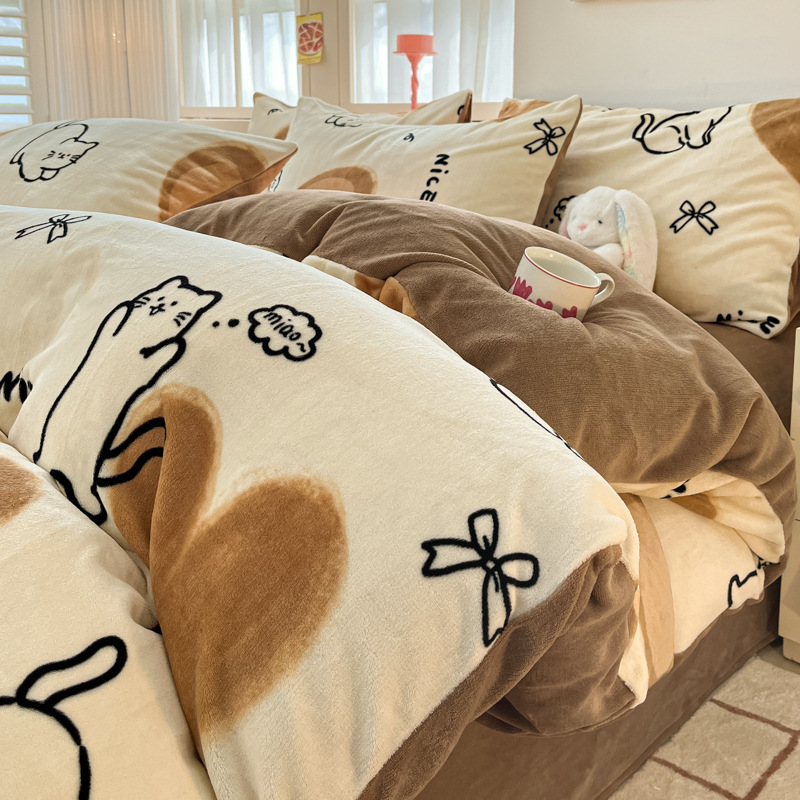 Juego de cuatro piezas de lana de leche de invierno, cama gruesa, sábana de otoño e invierno más funda de edredón de terciopelo, sábana de dormitorio de terciopelo de coral, juego de tres piezas