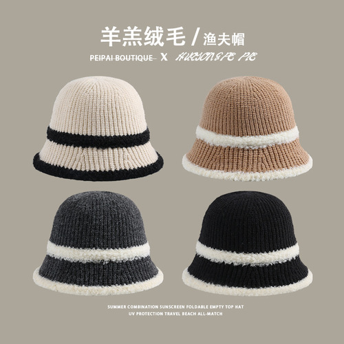 Autumn and winter fisherman hat women's new knitted all-match solid color basin hat lamb plush warm and cold-proof small bucket hat with face