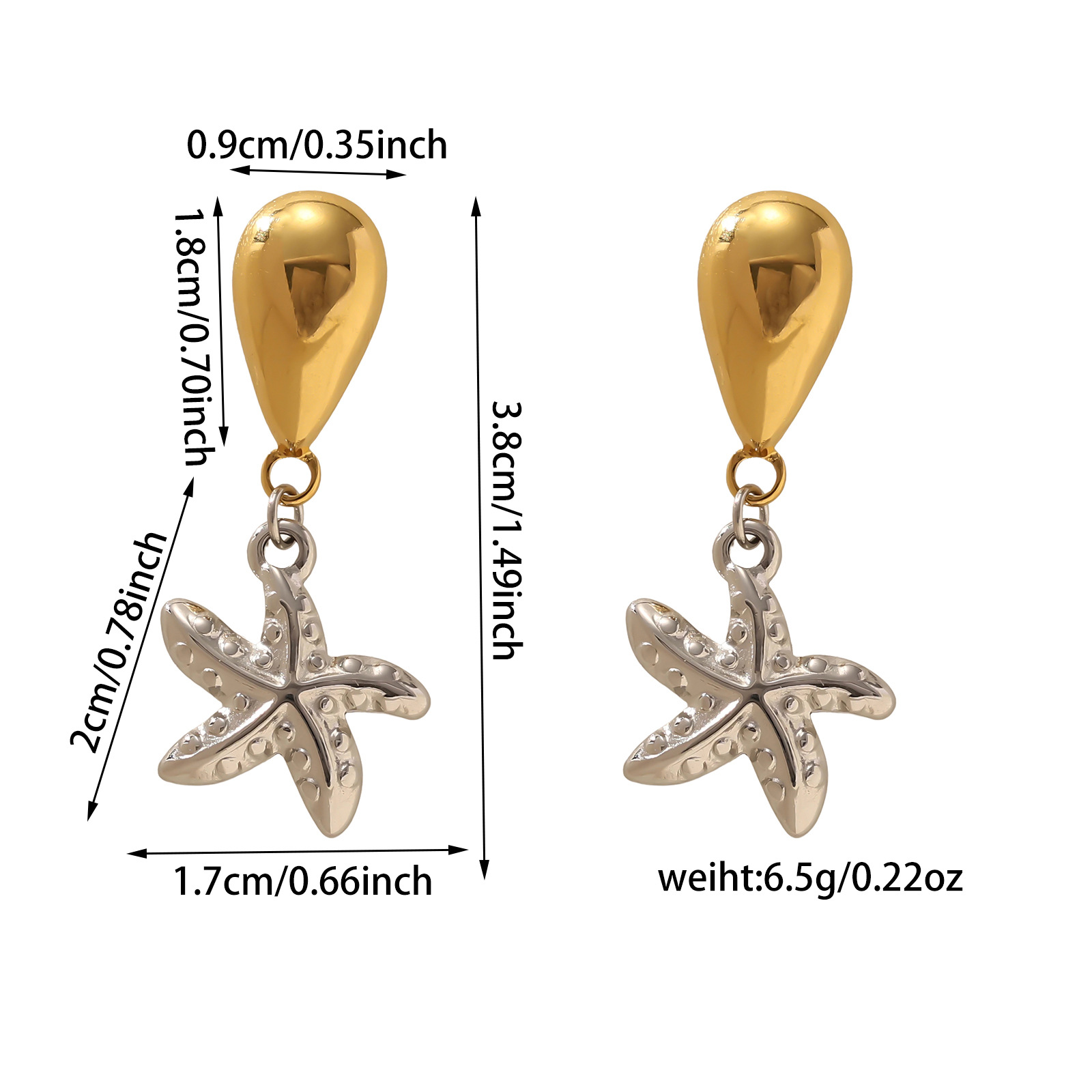8g Weight Titanium Steel Ear Needle Material Drop Earrings Classification 1 Pair Quantity Holiday, Daily Occasion Titanium Steel Material Starfish Pattern All Seasons Season Women's Gender Plating Design Vacation, Classic Style Style 1 Pair Vacation Classic Style Starfish Plating Titanium Steel Drop Earrings 11