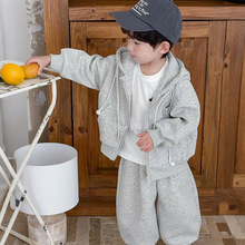 儿童春装套装2025新款男童时尚连帽外套女宝宝潮流灰色运动两件套
