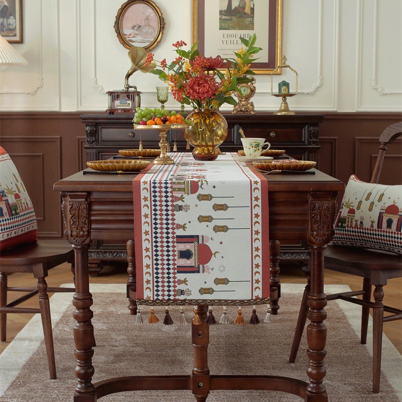 Grenzüberschreitende Tischdecke aus Polyester mit farbig gewebtem Jacquardmuster zum Mondfest im Nahen Osten, Sternen-, Kamel- und Burgmotiven sowie Quasten._voghion.com
