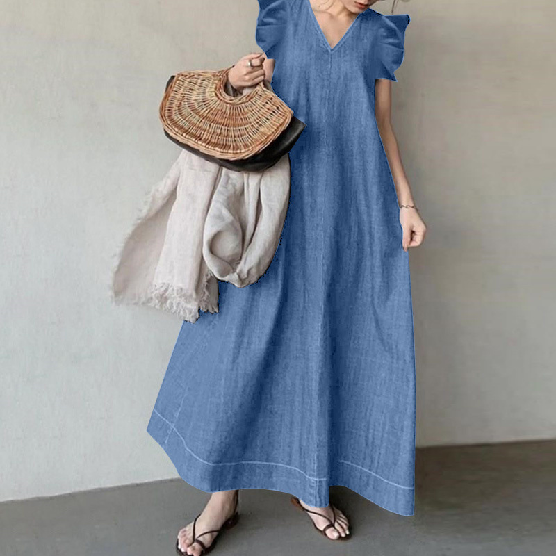 Women's Irregular Skirt Vintage Style Bohemian V Neck Pocket Patchwork Sleeveless Solid Color Maxi Long Dress Street display picture 2